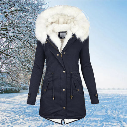 Fur-Lined Hooded Jacket - Navy Blue