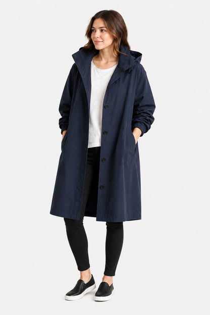 Oversized Button-Front Water Resistant Parka Coat with Hood - Navy