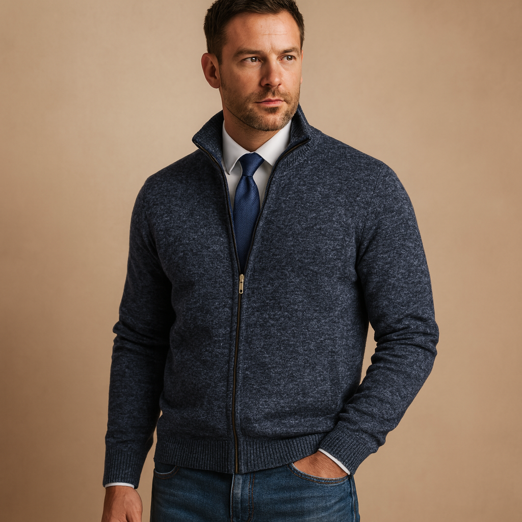 Marled Knit Full-Zip Cardigan with Stand Collar - Navy Blue
