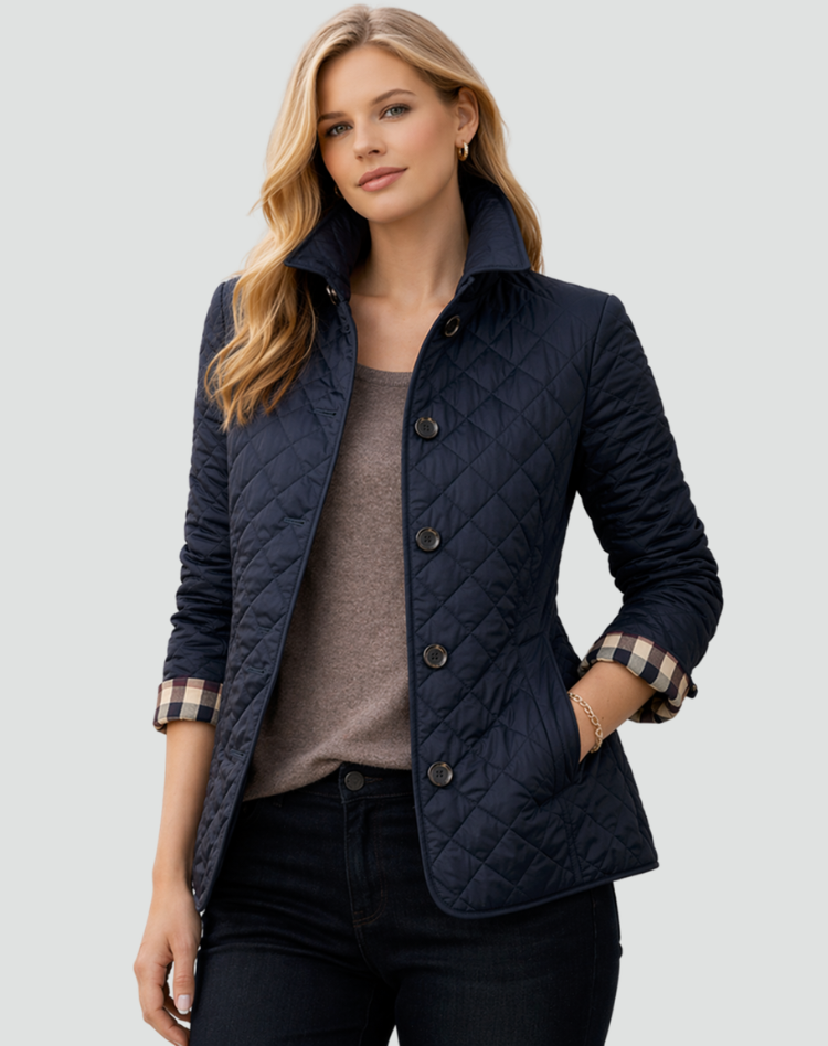 Diamond Quilted Button-Front Jacket - Navy Blue