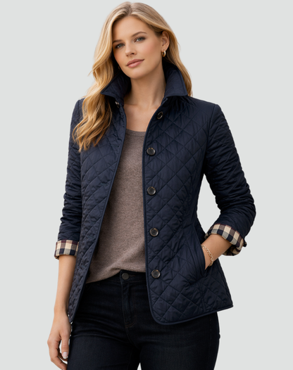 Diamond Quilted Button-Front Jacket - Navy Blue