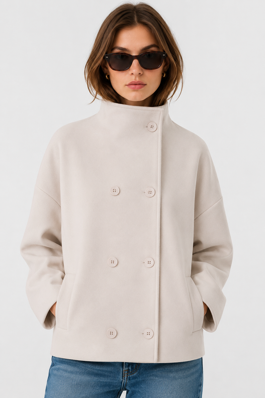 Boxy Cropped Double-Breasted Wool Coat - Off-White