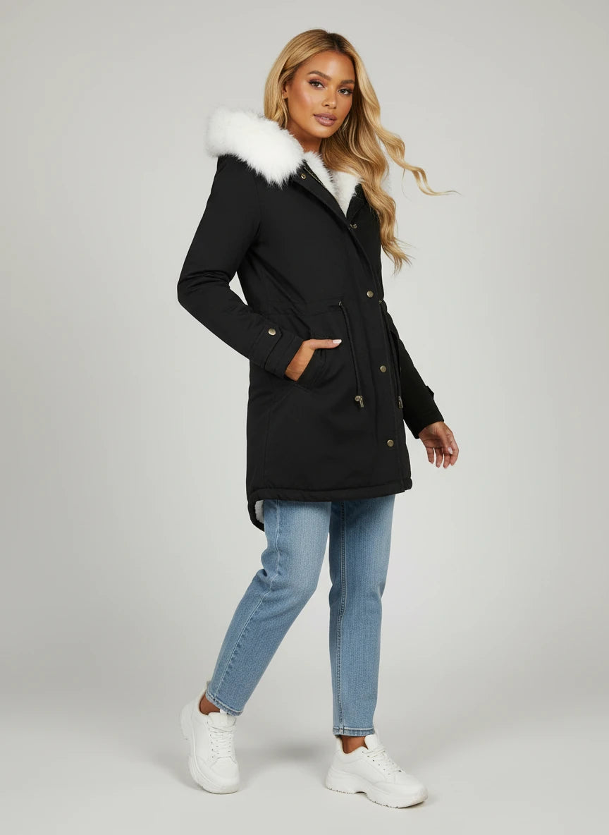 Fur-Lined Faux Hooded Winter Coat - Black