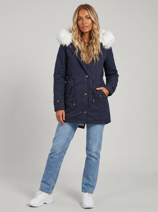 Fur-Lined Faux Hooded Winter Coat - Navy Blue