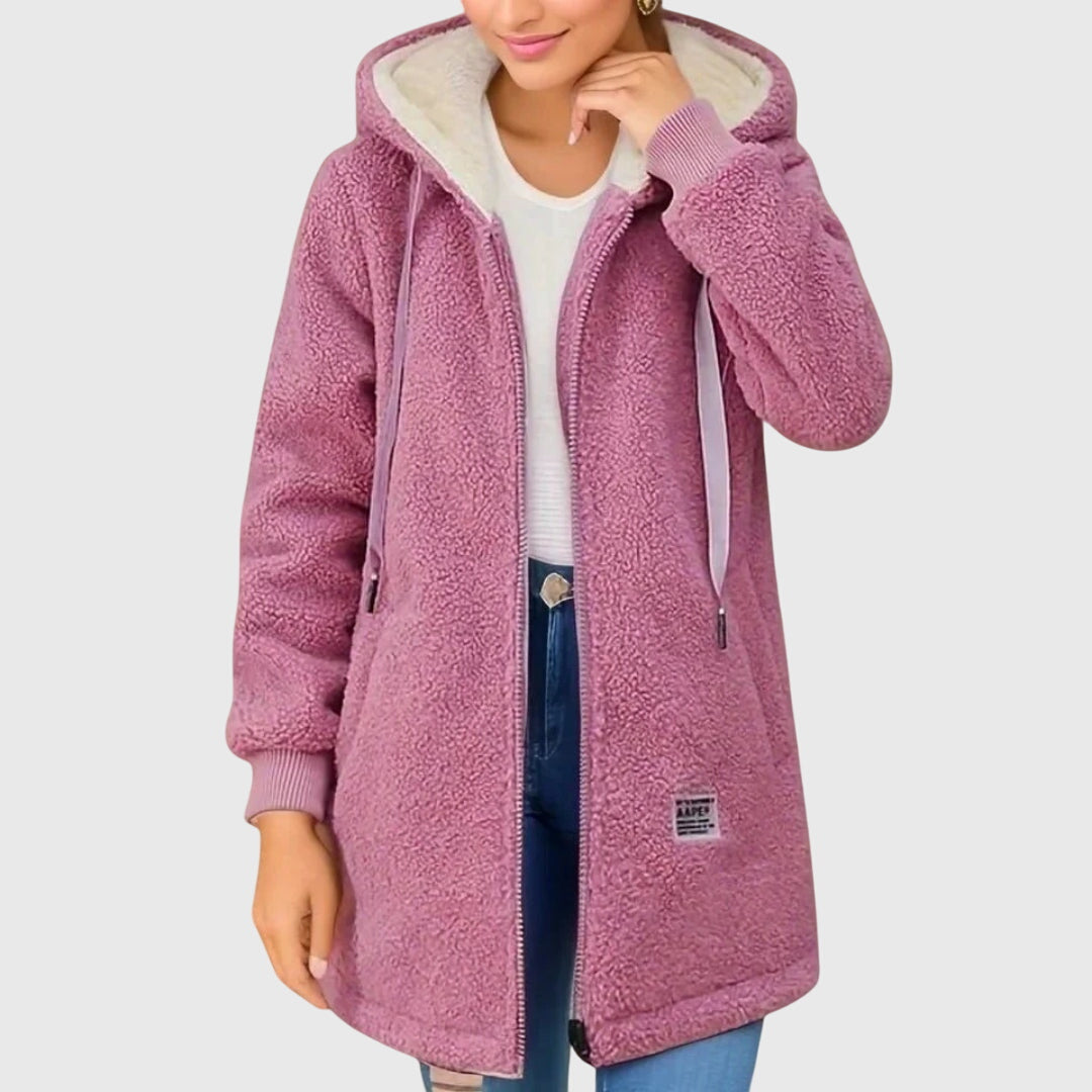Hooded Long Fleece Jacket with Drawstring - Pink