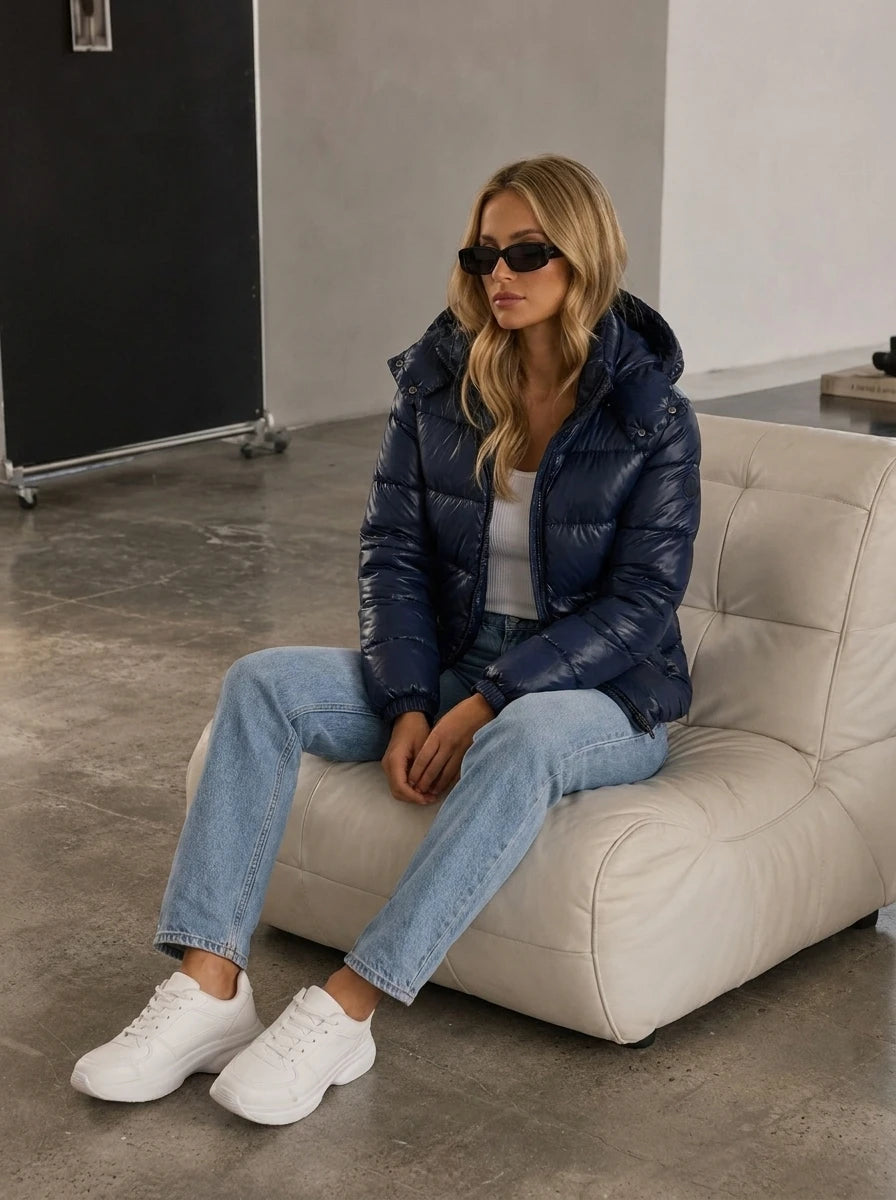 Quilted Hooded Jacket - Shiny Puffer Coat - Navy