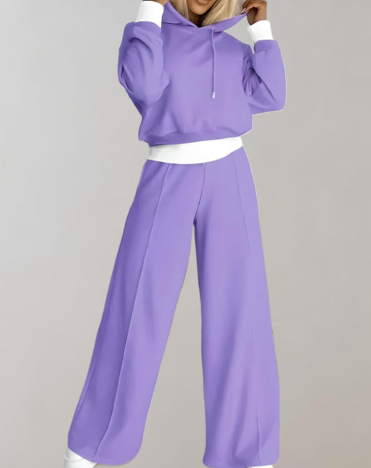Cropped Hoodie & Wide-Leg Trousers Two-Piece Set - Purple