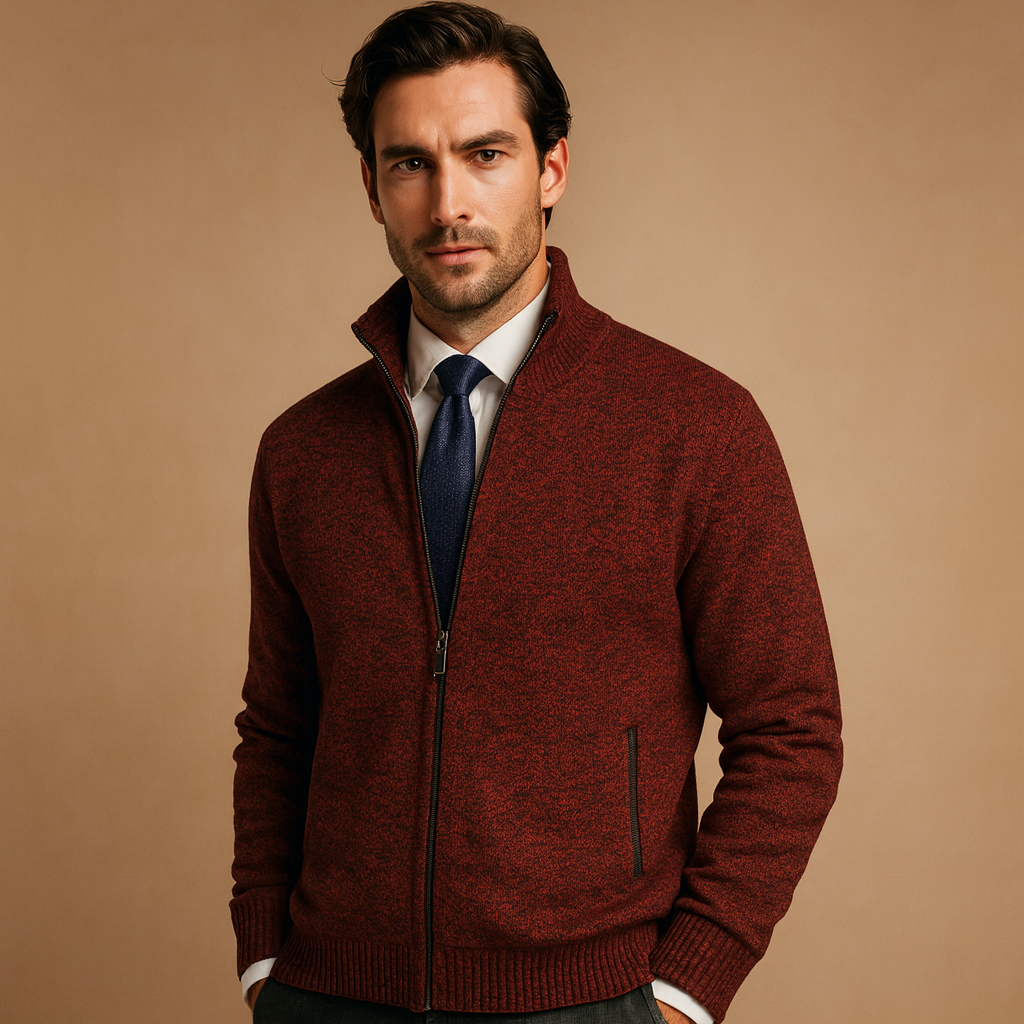 Marled Knit Full-Zip Cardigan with Stand Collar - Red