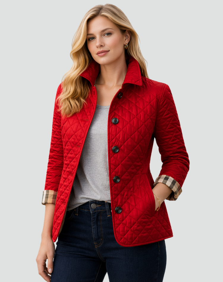 Diamond Quilted Button-Front Jacket - Red