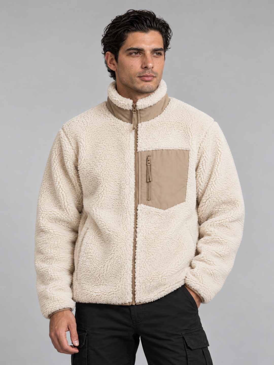 Men's Sherpa Fleece Jacket - Beige