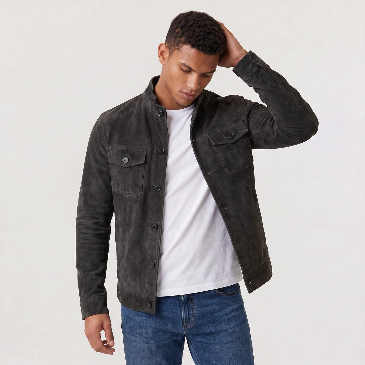 Button-Up Suede Trucker Jacket - Black