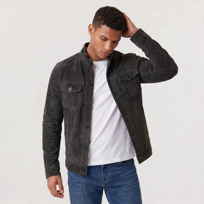 Button-Up Suede Trucker Jacket - Black