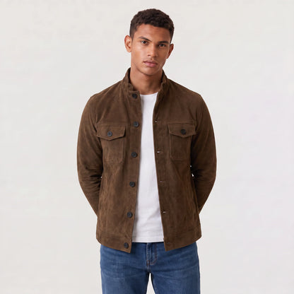 Button-Up Suede Trucker Jacket - Brown