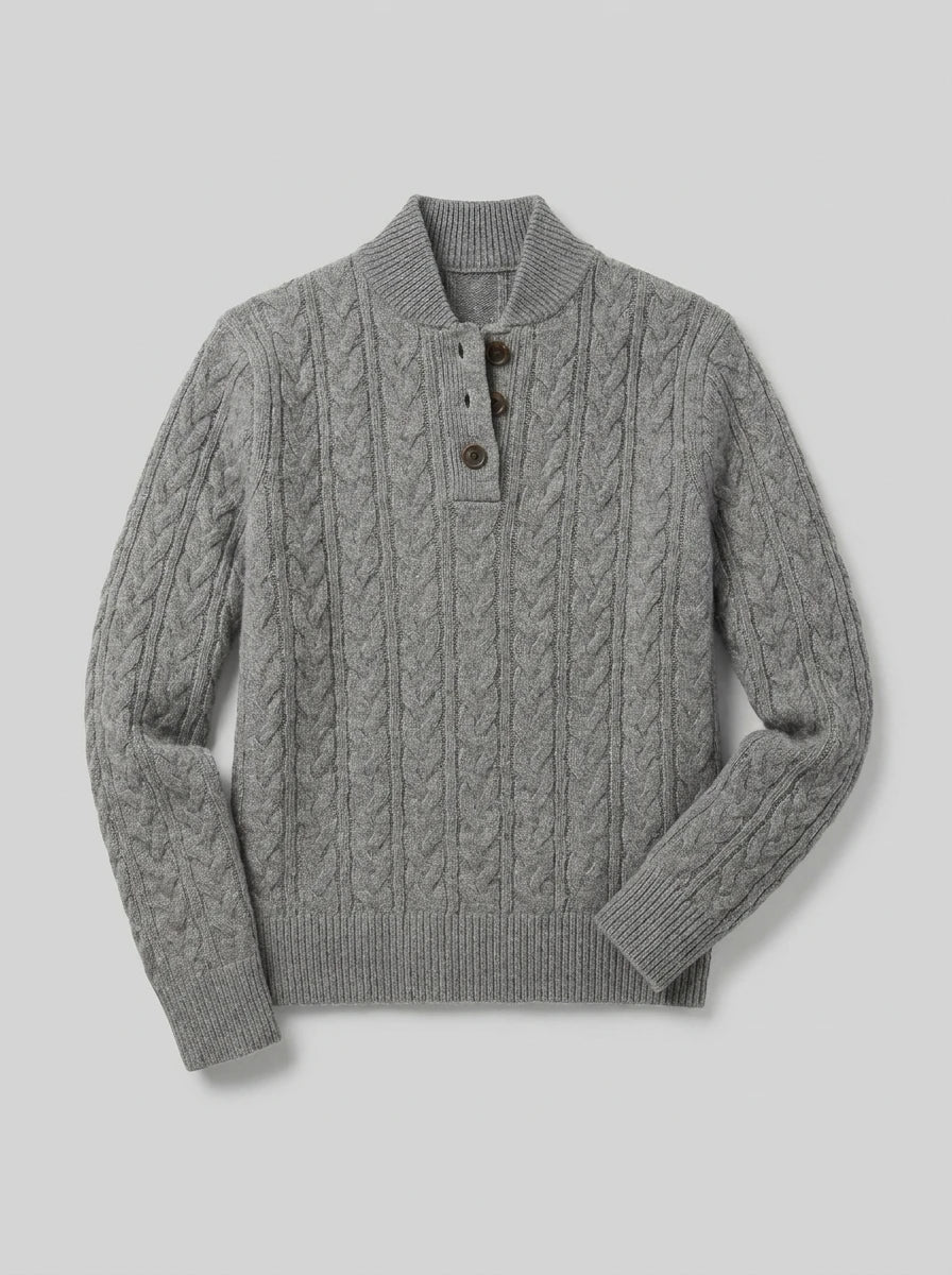 Cable Knit Button-Neck Jumper - Grey