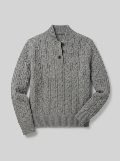 Cable Knit Button-Neck Jumper - Grey