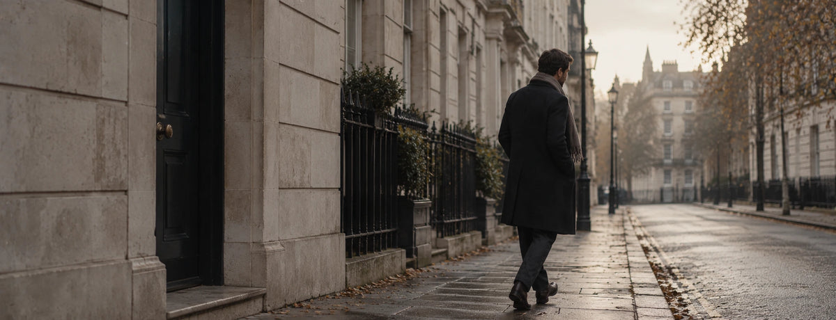 A man in a dark wool coat stepping through a stone doorway onto a quiet London street at dawn