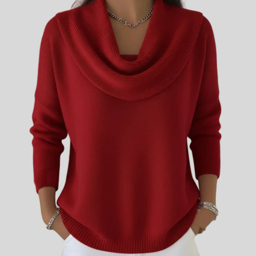Draped Cowl-Neck Relaxed Knit Jumper - Red