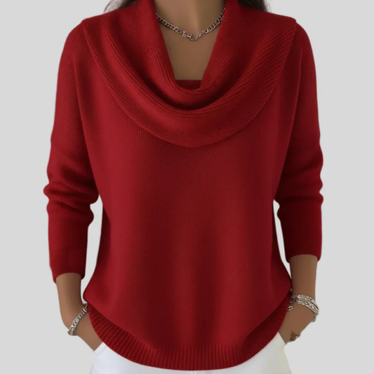 Draped Cowl-Neck Relaxed Knit Jumper - Red