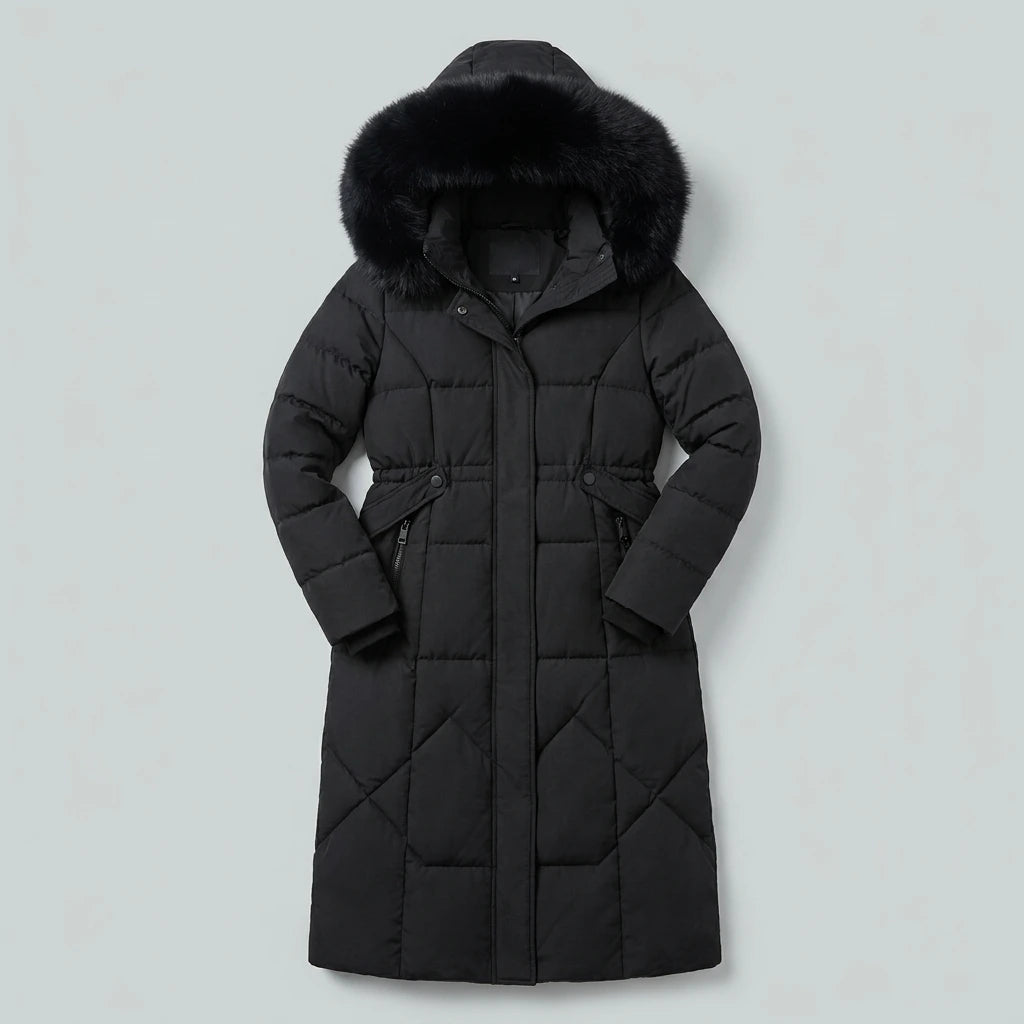 Elodie Oversized Longline Winter Coat in black, flat lay product photo