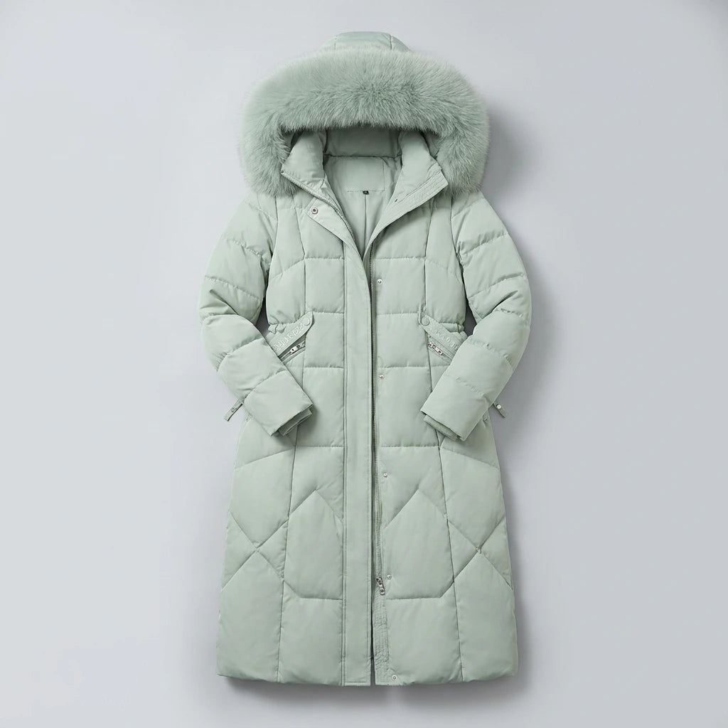 Elodie Oversized Longline Winter Coat in green, flat lay product photo