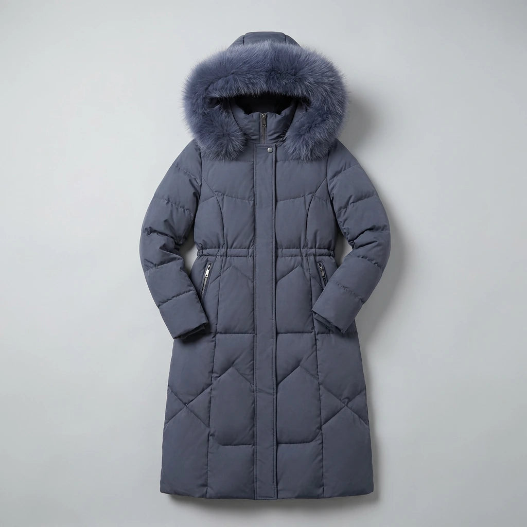 Elodie Oversized Longline Winter Coat in grey, flat lay product photo