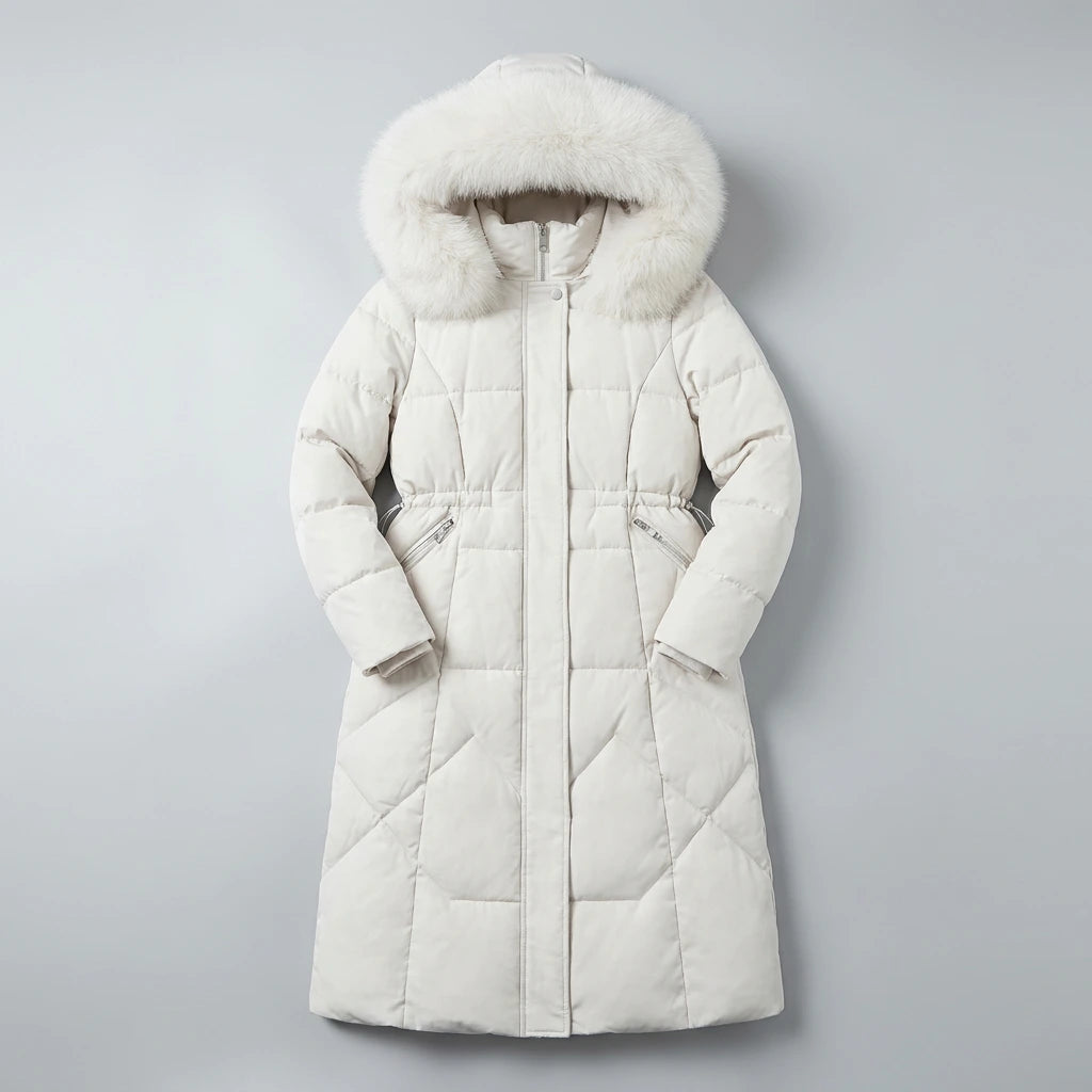 Elodie Oversized Longline Winter Coat in white, flat lay product photo