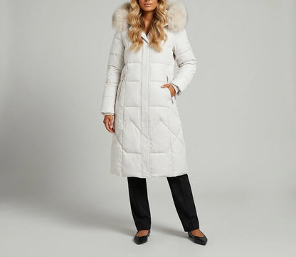 Elodie Oversized Longline Winter Coat in white, worn on-model, full length front view