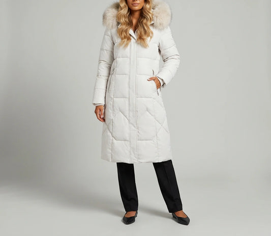 Elodie Oversized Longline Winter Coat in white, worn on-model, full length front view