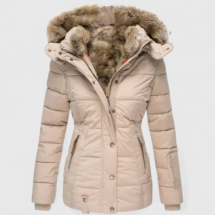 Fur-Lined Hooded Coat in Beige