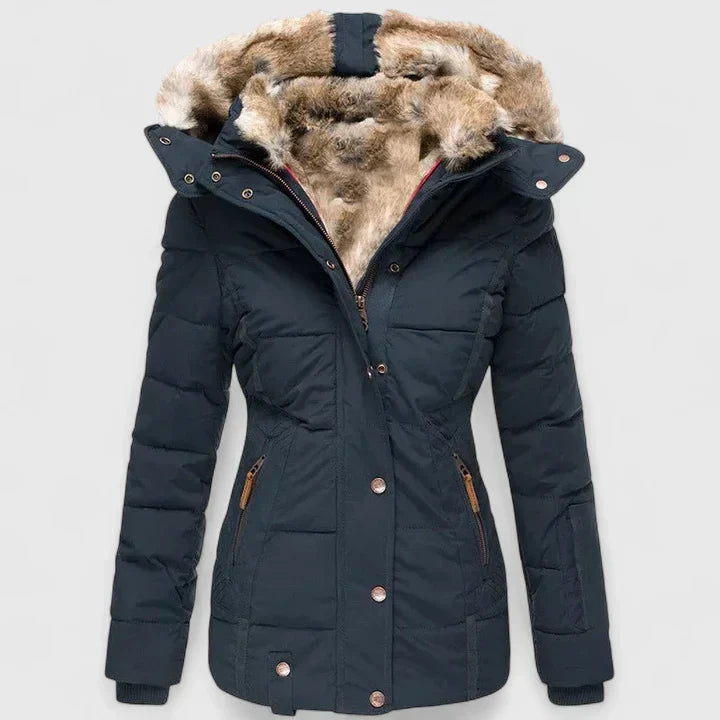 Fur-Lined Hooded Coat in Blue