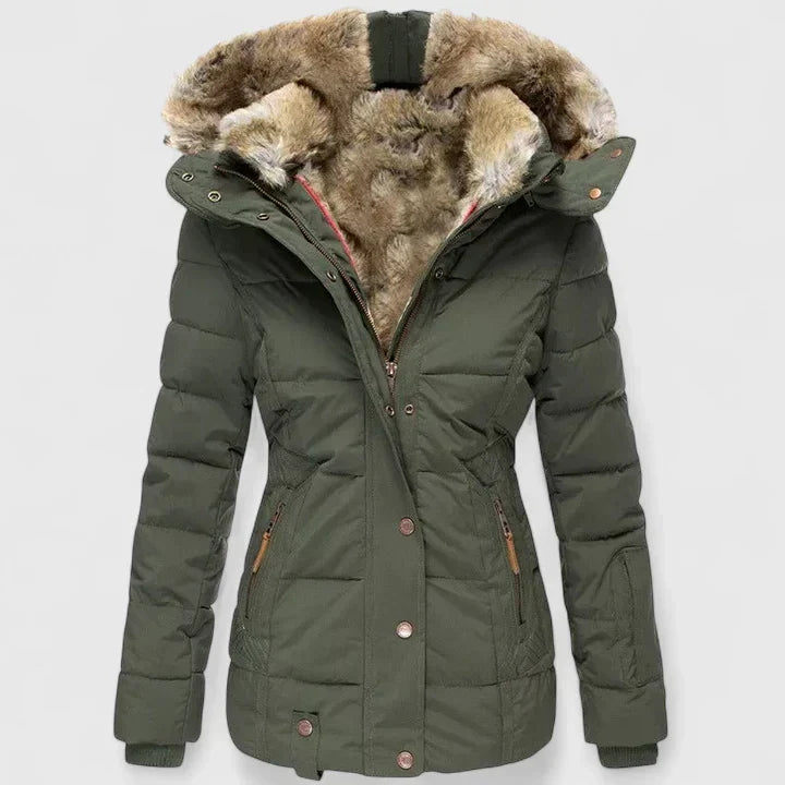 Fur-Lined Hooded Coat in Green