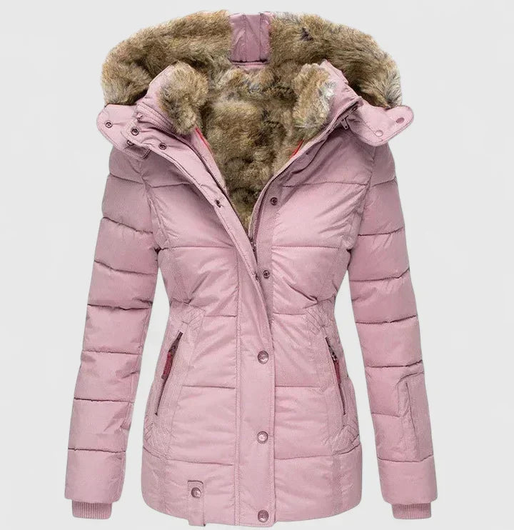 Fur-Lined Hooded Coat in Pink