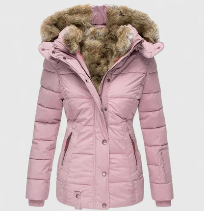 Fur-Lined Hooded Coat in Pink