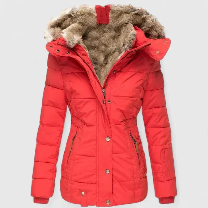 Fur-Lined Hooded Coat in Red