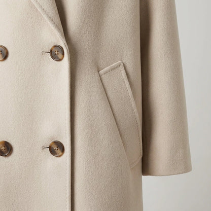 Close-up of the button and pocket detail on the beige Freya Longline Wool Coat