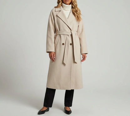 Freya Longline Wool Coat in beige, worn on-model buttoned, full length front view