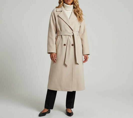 Freya Longline Wool Coat in beige, worn on-model buttoned, full length front view