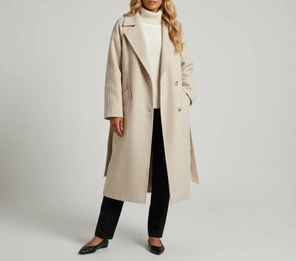 Freya Longline Wool Coat in beige, worn on-model open, full length front view