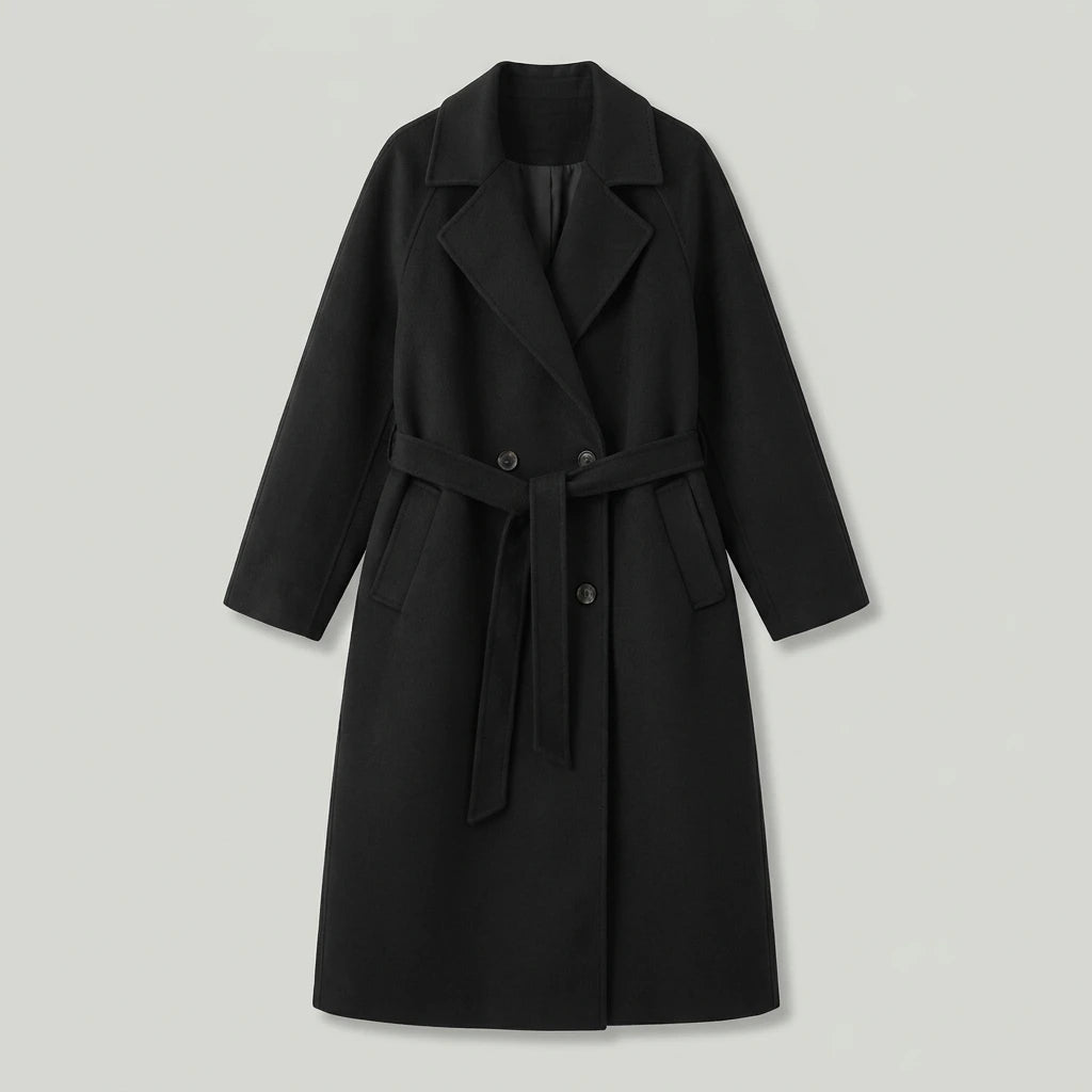 Freya Longline Wool Coat in black, flat lay product photo