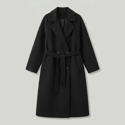Freya Longline Wool Coat in black, flat lay product photo