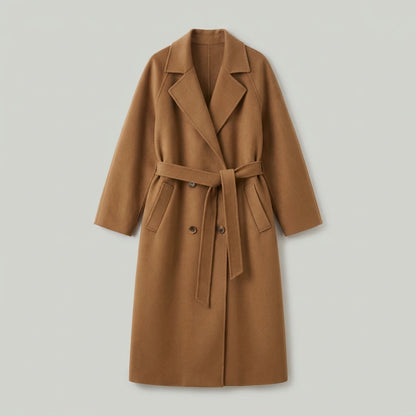 Freya Longline Wool Coat in brown, flat lay product photo