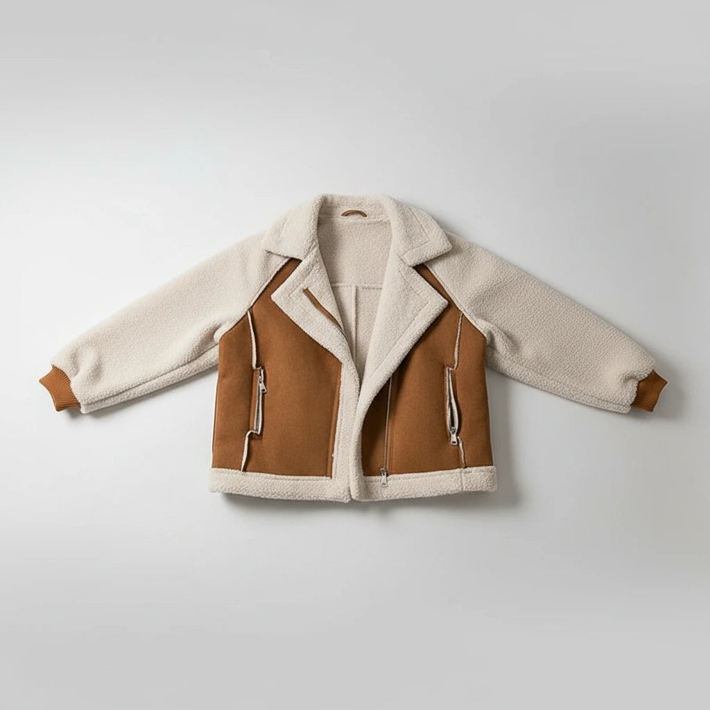Grace Oversized Colour Block Teddy Jacket - Brown flat lay