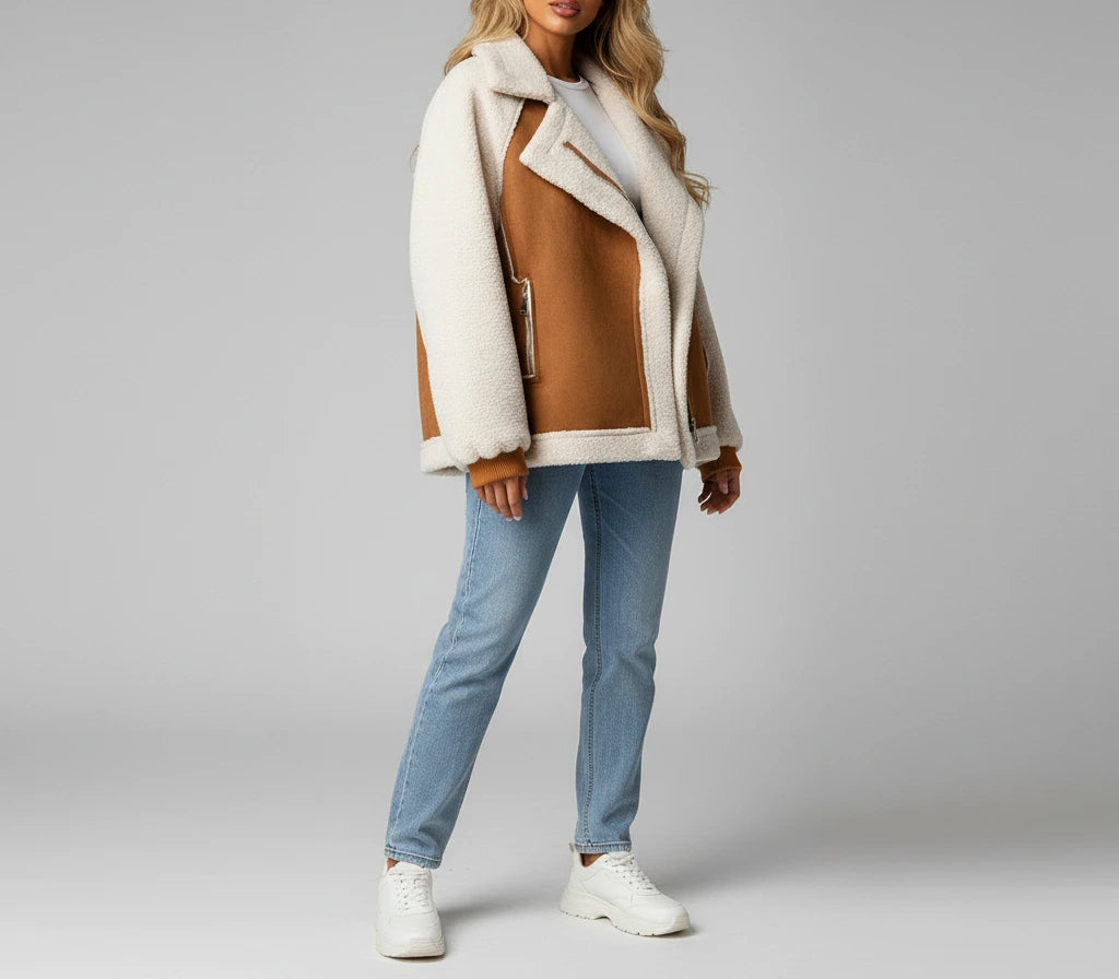 Grace Oversized Colour Block Teddy Jacket - Brown