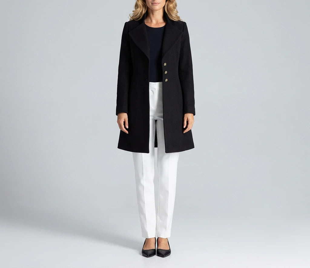 Notch Lapel Wool-Blend Coat - Black, unbuttoned