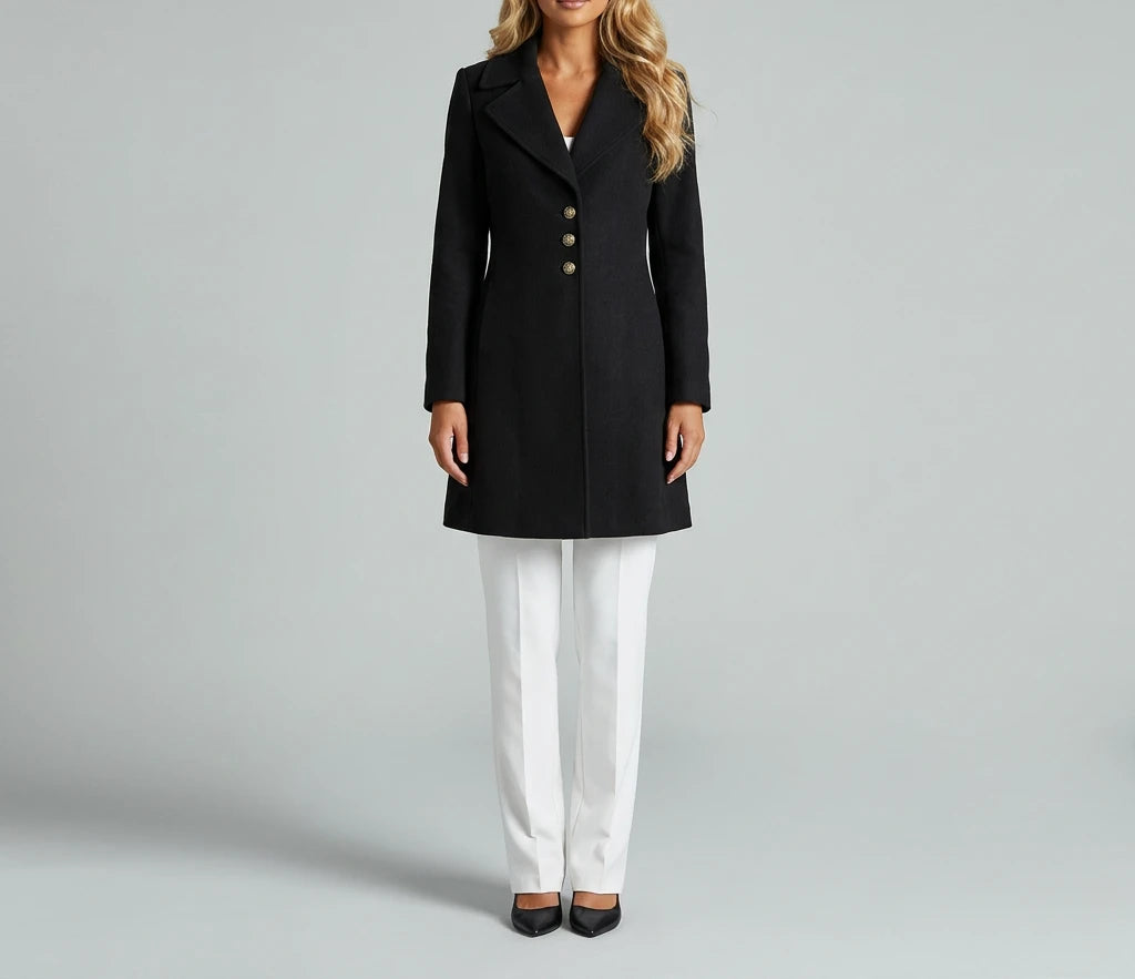 Notch Lapel Wool-Blend Coat - Black, buttoned