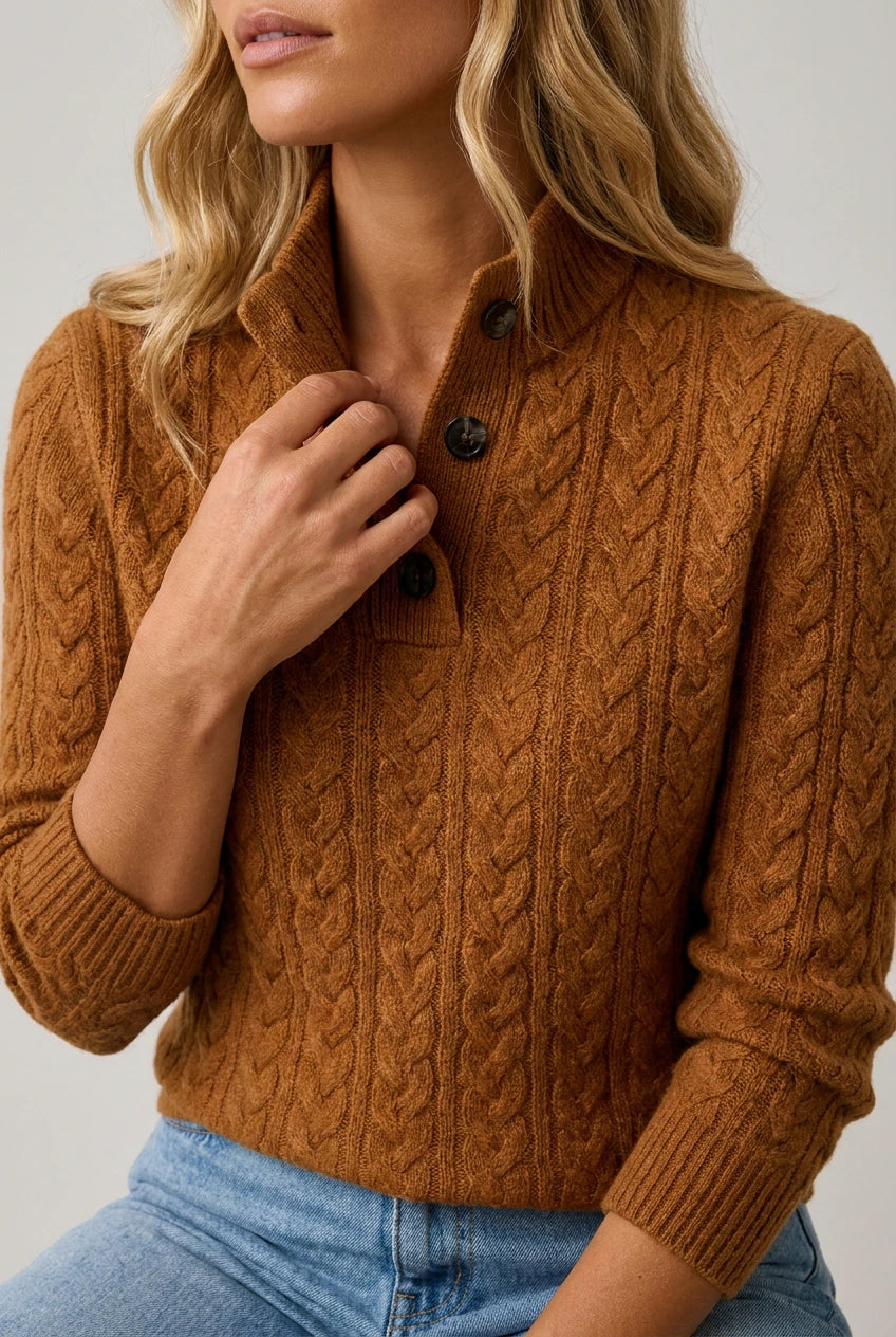Hazel Cable Knit Button-Neck Pullover - Brown