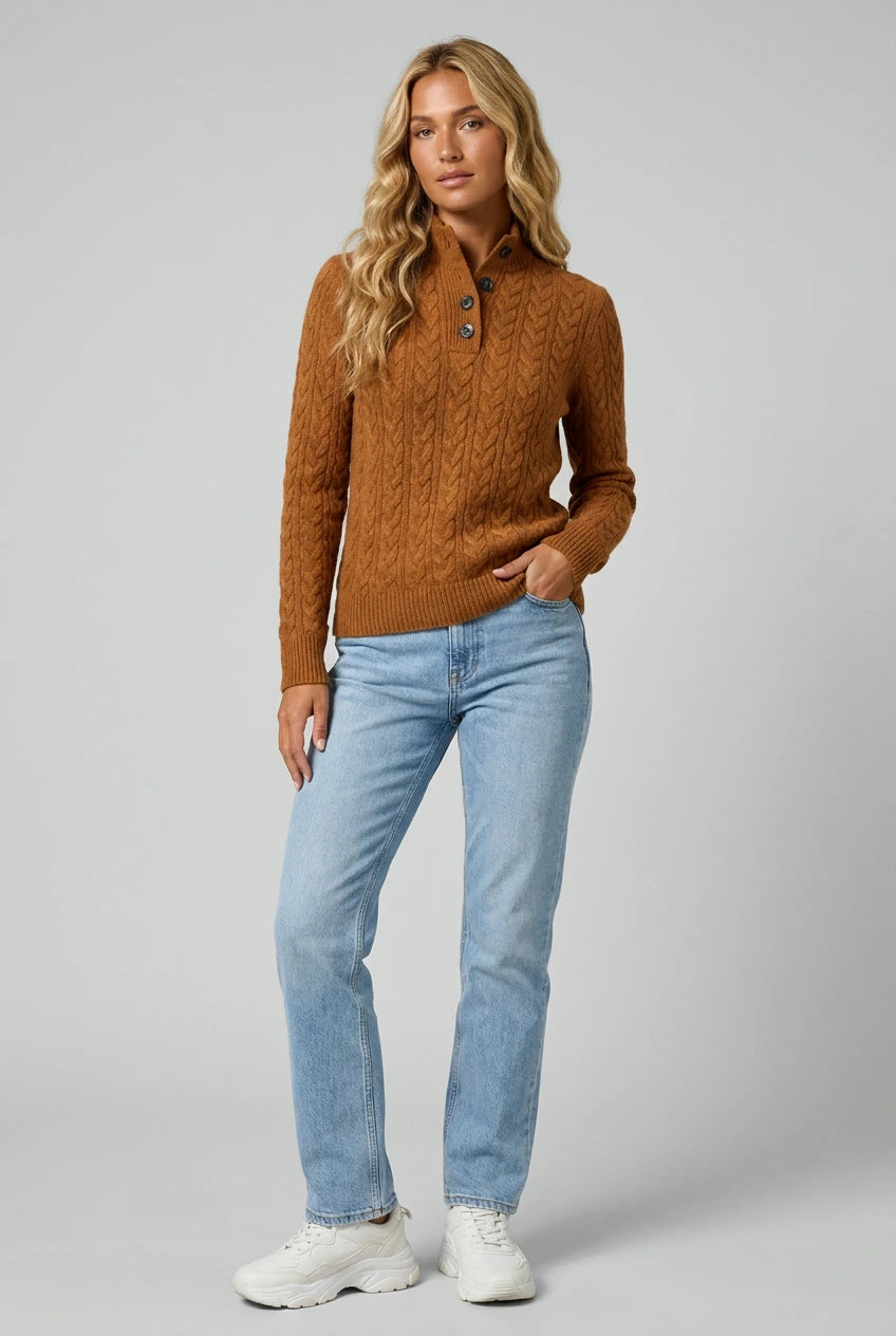 Hazel Cable Knit Button-Neck Pullover - Brown