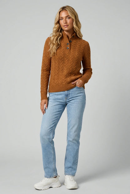 Hazel Cable Knit Button-Neck Pullover - Brown