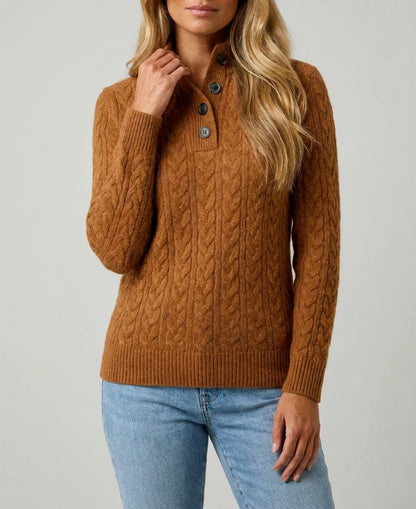 Hazel Cable Knit Button-Neck Pullover - Brown