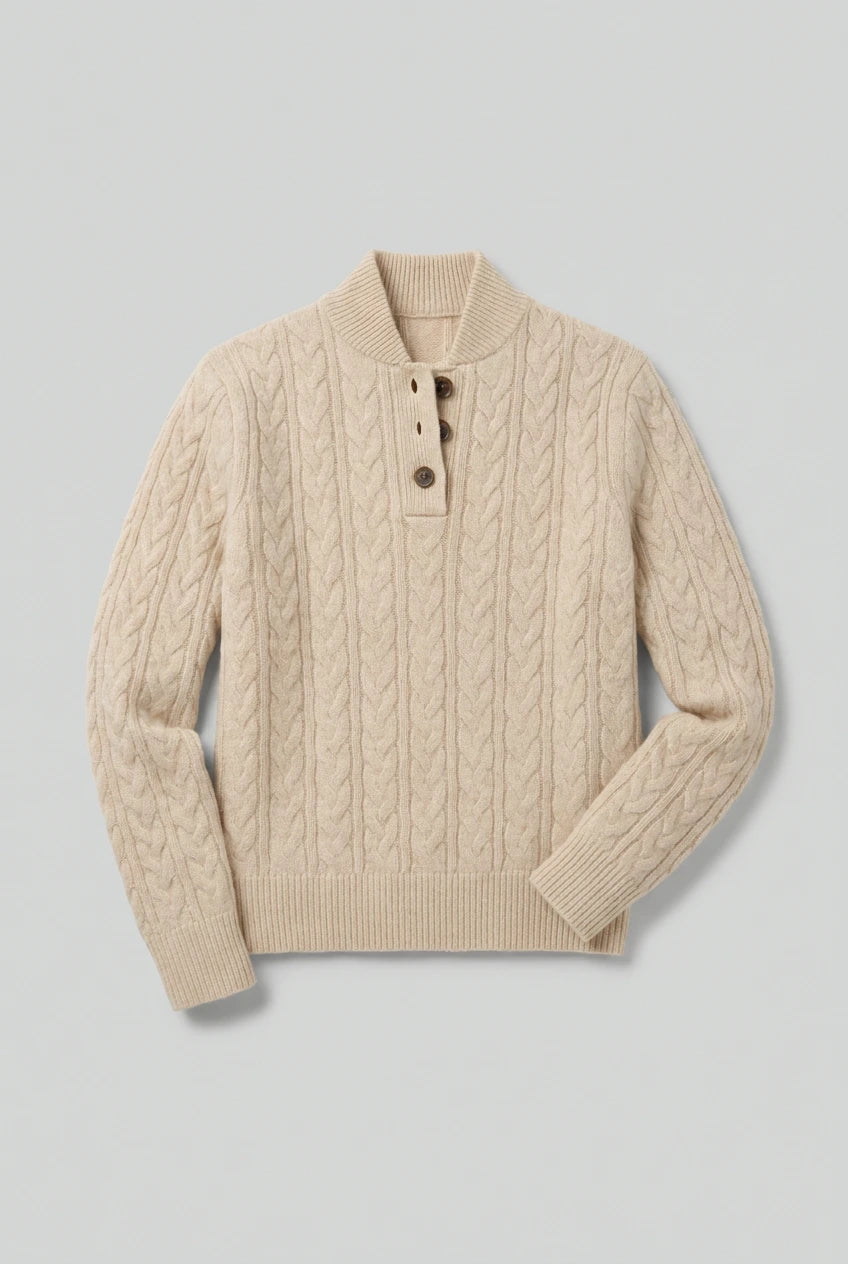 Cable Knit Button-Neck Jumper - Beige